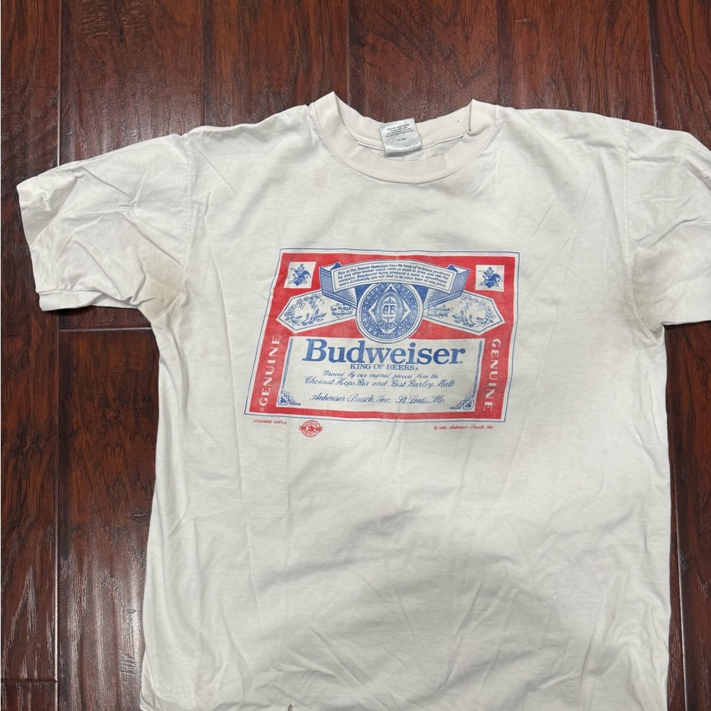 Budweiser Cream Tee with Red and Blue Accents size XL